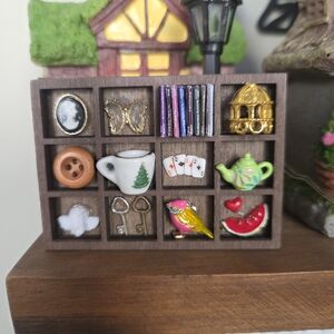Miniature Wooden Display Shelf with Assorted Charms